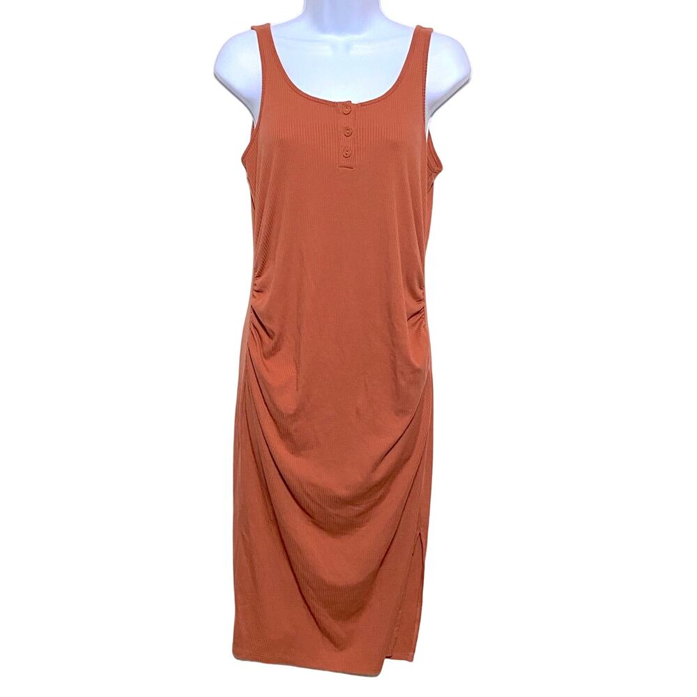 Heart & Hips Orange Henley Maternity Tank Top Ribbed Dress M Ruching Summer Boho